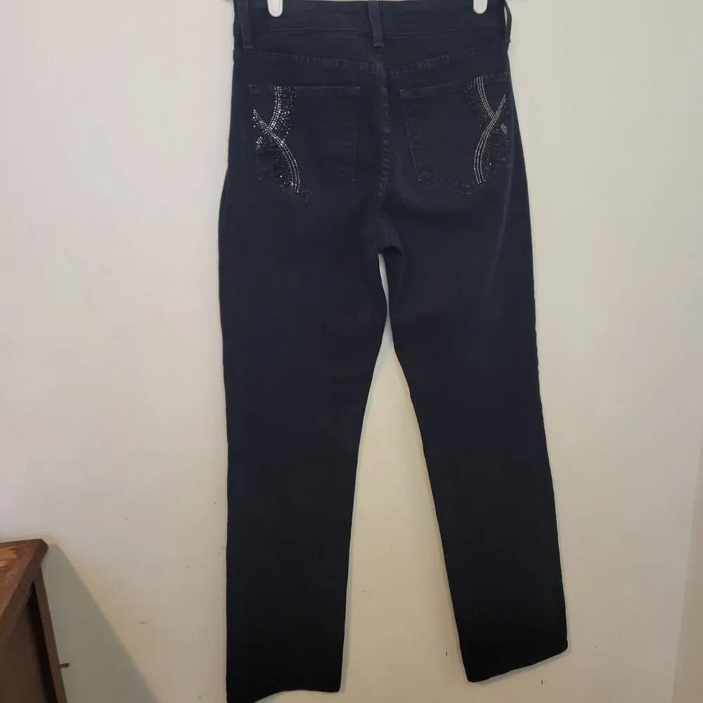 NYJD Black Denim Jeans Womens Size 4 Lift Tuck Rhinestone Pockets USA